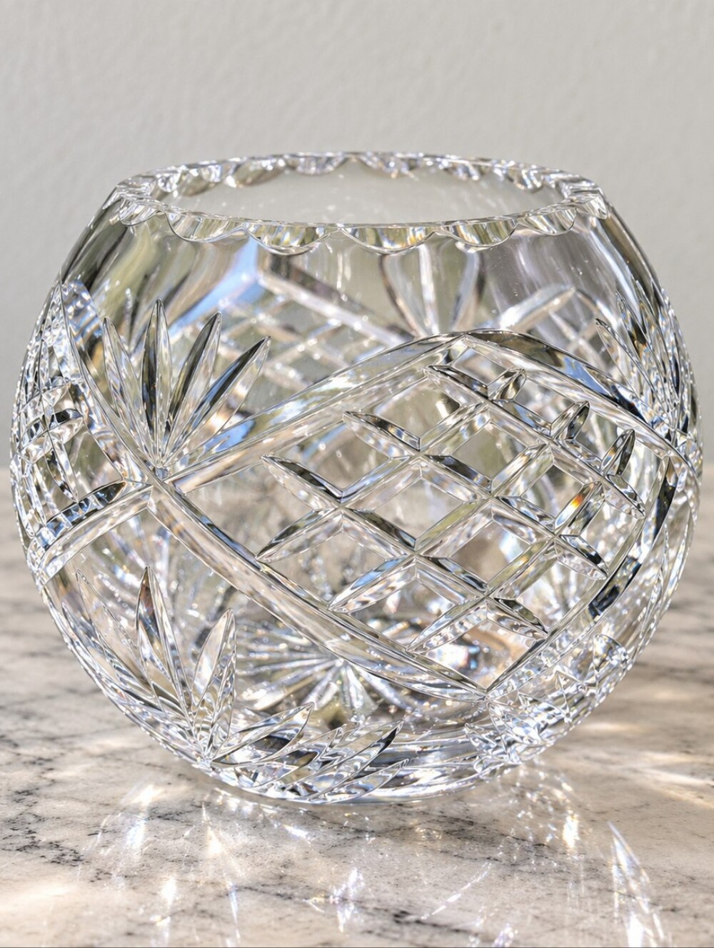 Vintage Cut Crystal Rose Bowl 4" Diamond Fan Starburst Pattern Flower Vase Decor